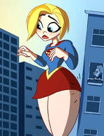 breasts drawing giantess city mega blonde color blue_eyes skirt buildings short_hair supergirl thighs outdoors costume dc_comics caiman2 dc_super_hero_girls