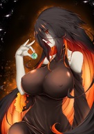 drawing giantess earth color large_breasts long_hair planet between_fingers looking_at_viewer cosmic_giantess black_hole black_hole_chan