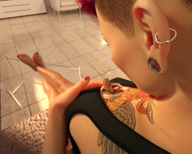 gentle barefoot cleavage red_hair shrunken_woman red_nails tattoo digital_render between_breasts marshgts