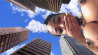breasts giantess collage buildings helicopter looking_down sky point_of_view looking_at_viewer covering_mouth