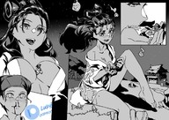 drawing giantess monochrome barefoot sitting night nosebleed lucky_b between_breasts