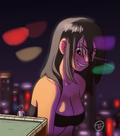drawing giantess blushing city black_hair large_breasts long_hair cleavage buildings smiling looking_down outdoors pedro_ruiz
