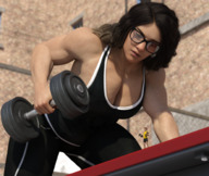 cleavage glasses brunette muscles shrunken_man looking_down boomgts digital_render weightlifting