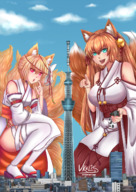 drawing giantess city mega color large_breasts destruction handheld japanese_clothes giantesses fox_girl looking_at_viewer cysh_aizen vkelis tokyo_skytree kyubi_chan