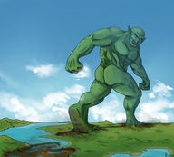 drawing destruction giant male abs walking outdoors orc looking_back bluerune93