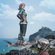 giantess collage giga city mega destruction clothed castle red_hair boots legs cosplay magic costume bystanders hands_on_hips looking_into_distance sorceress the_witcher high_heel_boots triss ia-r-d triss_merigold