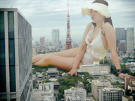 giantess collage city cleavage brunette asian sitting tokyo_tower kyojingirls