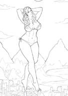 bikini drawing giantess city monochrome long_hair destruction smiling walking outdoors earrings smushedboy