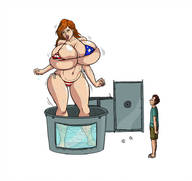 drawing growth long_hair water wet huge_breasts red_hair mini_giantess unknown_artist looking_up freckles no_background tight_clothing dunk_tank