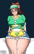 blushing large_breasts clothed glasses brunette ponytail sitting looking_down thick_thighs no_background mei_(overwatch)