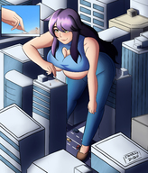 drawing giantess city color large_breasts cleavage bending_over pants outdoors aliessa charlydibu