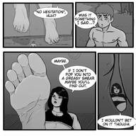 drawing comic monochrome black_hair toes barefoot cleavage soles underwear short_hair shrunken_man looking_down between_toes point_of_view panels guireyart10