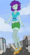 drawing giantess city color destruction glasses purple_hair yellow_eyes looking_down smoke colonel-gabbo