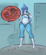 drawing vore long_hair clothed blue_hair unknown_artist belly indoors ahoge closed_eyes licking_lips cutaway