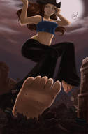 giantess city long_hair destruction barefoot brunette smiling looking_down vehicles outdoors top running_away cowboy_hat angelgts
