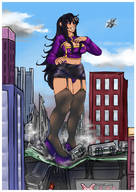 giantess panties blushing city upskirt black_hair large_breasts long_hair destruction high_heels helicopter train smiling outdoors vehicle_crush cleavage_window velvetlily