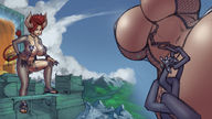drawing giantess horns tail city color cleavage demon climbing huge_breasts sandals demoness mountains thighs kononiko chainmail
