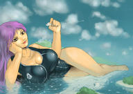 drawing giantess mega long_hair swimsuit cleavage wet purple_hair huge_breasts fang lying_down unknown_artist jets outdoors licking_lips ships