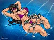 bikini drawing giantess city black_hair long_hair water buildings huge_breasts lying_down sunglasses outdoors source_needed thick_thighs bare_legs osmar-shotgun