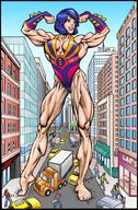 drawing giantess city cleavage buildings blue_hair short_hair unknown_artist muscles vehicles outdoors flexing