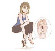 drawing black_hair long_hair barefoot cleavage brunette smiling unknown_artist sitting looking_down freckles converse top stuck_to_foot no_background