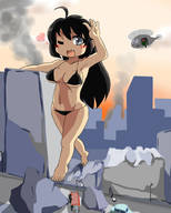 bikini drawing city black_hair long_hair destruction helicopter fang smiling unknown_artist heart outdoors ahoge