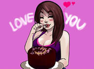 drawing large_breasts long_hair clothed cleavage brunette cake open_mouth tasting imminent_vore no_background