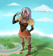 drawing giantess white_hair clothed dark_skin looking_up outdoors gladiator_sandals between_fingers frowning pinched