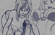 drawing giantess city large_breasts long_hair destruction smiling unknown_artist crawling looking_down outdoors between_breasts