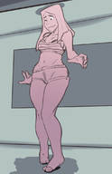 drawing growth long_hair shorts looking_down indoors flip_flops ripped_clothing cramped skimpy_clothing sihagen