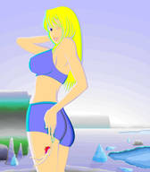 drawing giantess blonde long_hair handheld unknown_artist shorts shrunken_woman outdoors sports_bra winking swinging