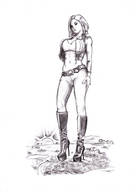 drawing giantess giga city monochrome destruction clothed short_hair boots outdoors belt bracelet no_background vest