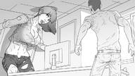 breasts drawing growth monochrome large_breasts cleavage office indoors ripped_clothing ptmongoose