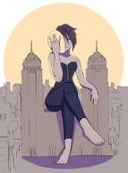 drawing giantess city barefoot brunette short_hair sitting mask outdoors legs_crossed giantessnyx