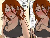 drawing blushing comic large_breasts long_hair bra brunette shrunken_man looking_down pants freckles dialogue between_breasts sweaterpupster