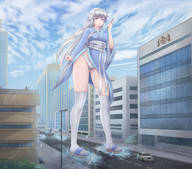 drawing giantess white_hair panties city long_hair socks unknown_artist snow ice vehicles outdoors fan yuki-onna