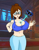 drawing blushing cleavage glasses huge_breasts brunette short_hair unknown_artist surprised mercy mei hair_bun overwatch mei_(overwatch) mercy_(overwatch) between_breasts