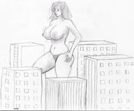 drawing giantess city monochrome large_breasts topless no_background hurricane1302