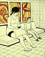 drawing monochrome long_hair ponytail mini_giantess unknown_artist sitting unaware looking_down looking_up indoors sofa
