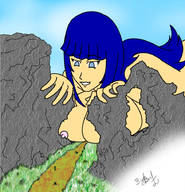 drawing giantess nude large_breasts long_hair blue_hair lying_down unknown_artist looking_down