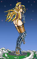 drawing giantess giga city color long_hair destruction high_heels topless gloves boots looking_down outdoors chains leetana earrings