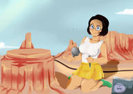 drawing giantess skirt glasses desert short_hair kneeling looking_down sneakers outdoors top book carving