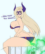 bikini drawing horns blonde long_hair butt destruction buildings huge_breasts sitting fart mask my_hero_academia okioppai mt._lady
