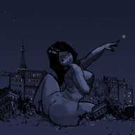 drawing nude city black_hair long_hair destruction smiling unknown_artist outdoors looking_back pointing