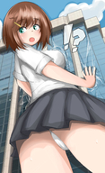 drawing panties upskirt large_breasts destruction clothed brunette embarrassed short_hair unknown_artist surprised looking_back