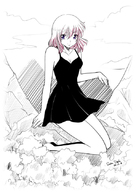 drawing giantess monochrome cleavage purple_eyes pink_hair dress mountains forest saeko-doyle