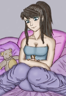 drawing blushing large_breasts cleavage brunette ponytail mini_giantess unknown_artist sitting looking_down hugging indoors no_background