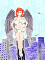 bikini breasts drawing giantess panties wings city mega alien long_hair barefoot bra helicopter red_hair sketch looking_down outdoors hands_on_hips justice_league dc_comics hawkgirl