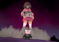 drawing giantess pokemon clothed skirt red_eyes brunette looking_down smoke hat hands_on_hips debris bewear dynamax glassy0302 gloria_(pokemon)