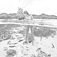 bikini giantess collage monochrome long_hair ocean swimming outdoors looking_back ships fish